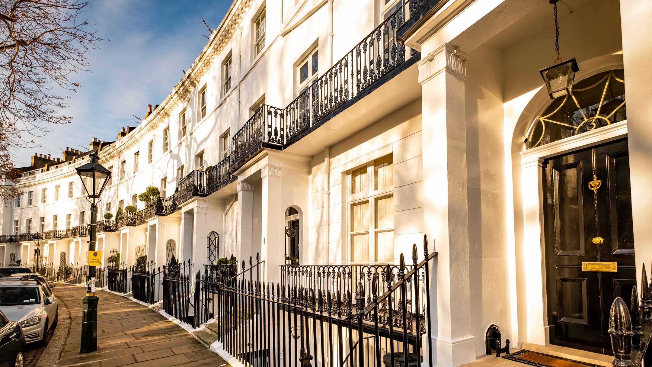 LONDON- An attractive street of luxury London townhouses in Sout